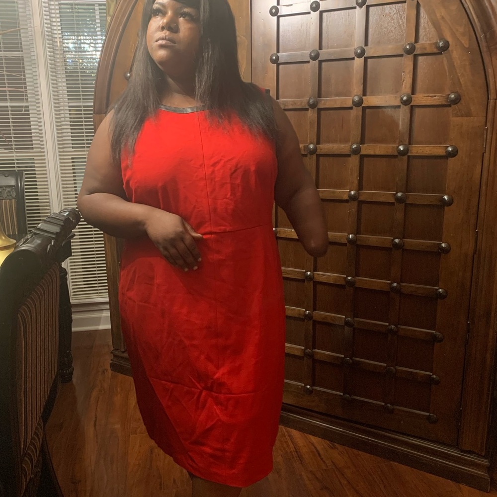 Red dress with faux leather trim